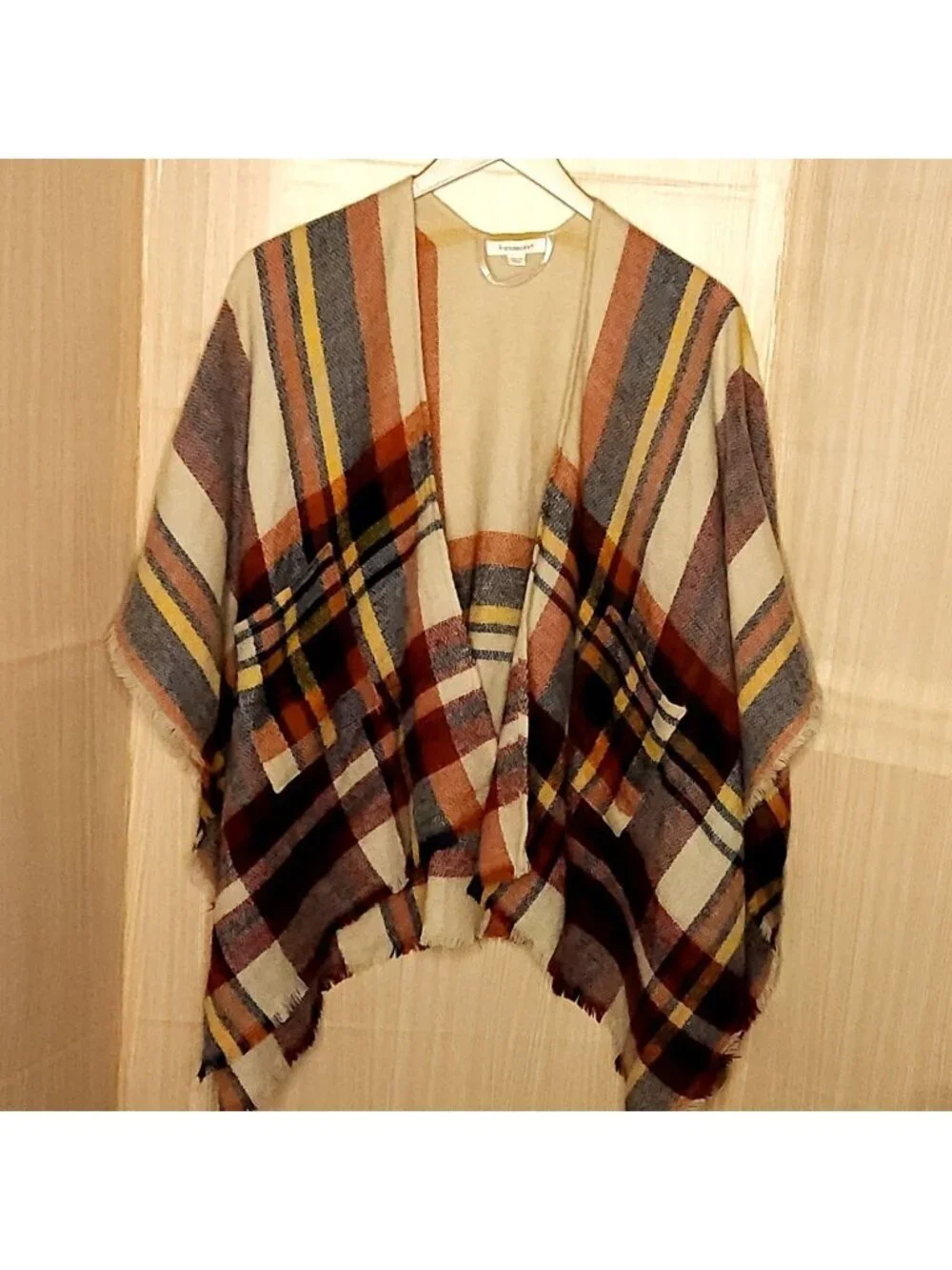Francesca's Womens Tan Red Plaid Poncho Style Wrap OS